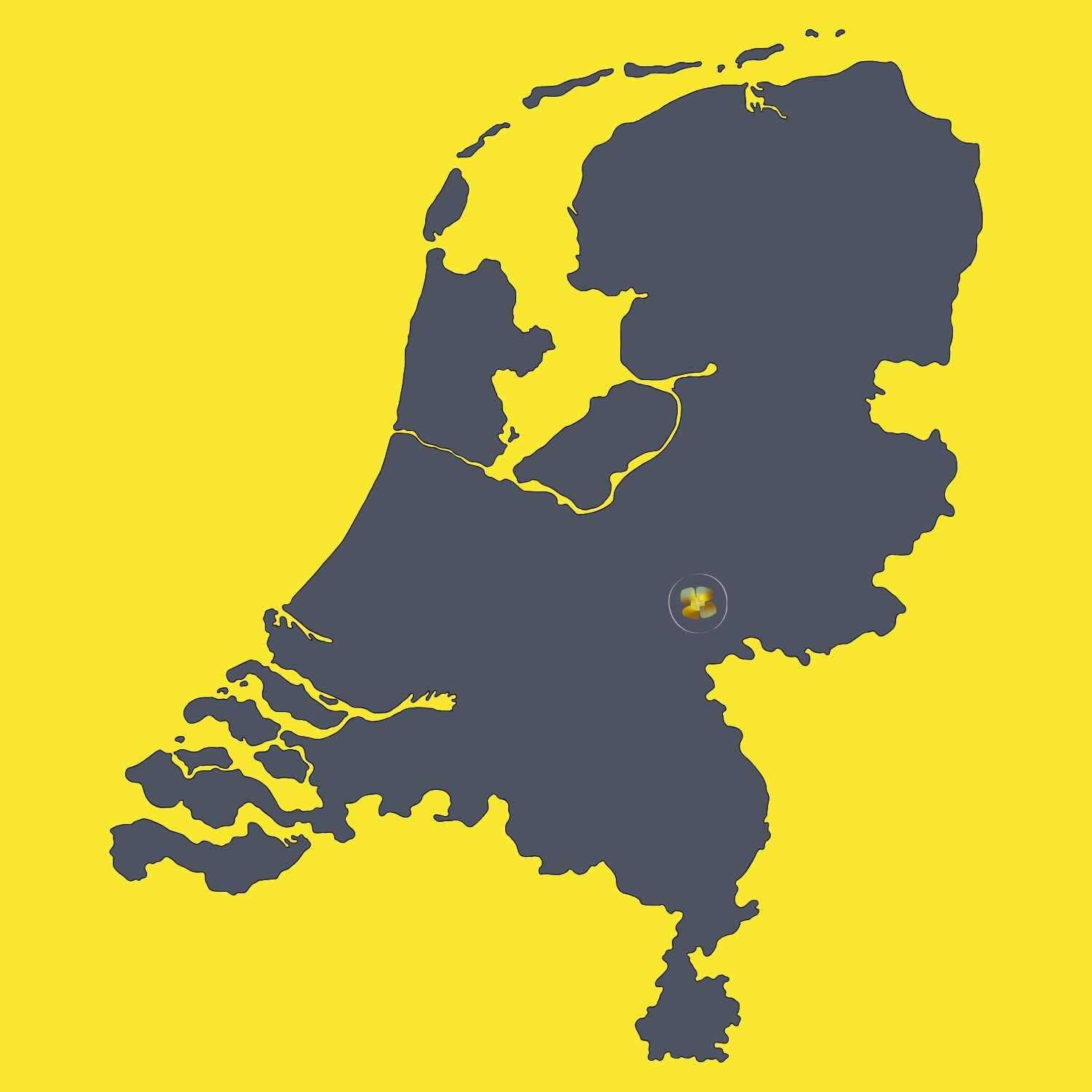Zwartgele kaart van Nederland, met op de plek van Arnhem: het Krimppp-logo
